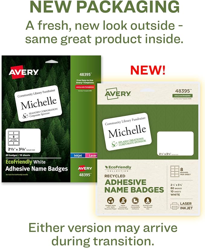 Avery EcoFriendly Recycled Name Tags, 2-1/3" x 3-3/8", White, Removable Adhesive, 80 Printable Name Badges (48395)
