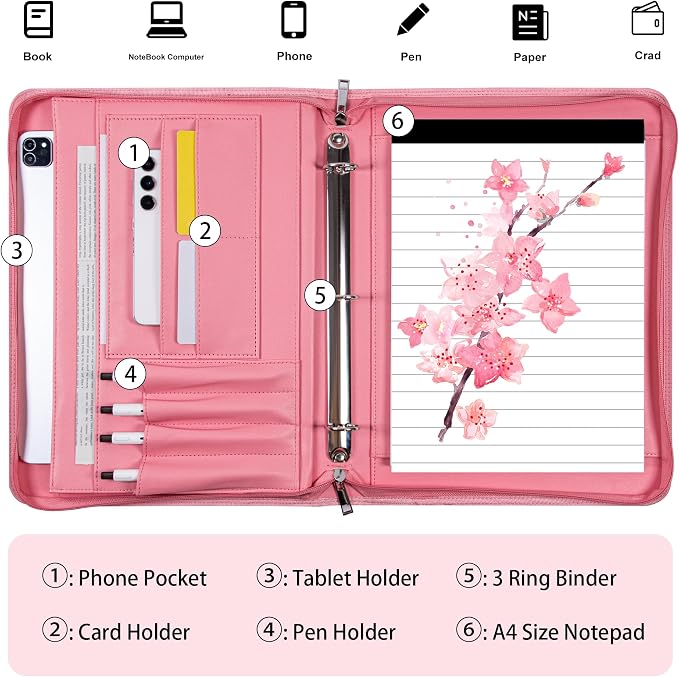 Fashionable Mesh Super Pink PU Padfolio, Vegan Leather Binder Portfolio for Women, 3 Ring Padfolio with Zipper, A4 Planner Binder Laptop Pocket, Legal Size Portfolio, Christmas Gift