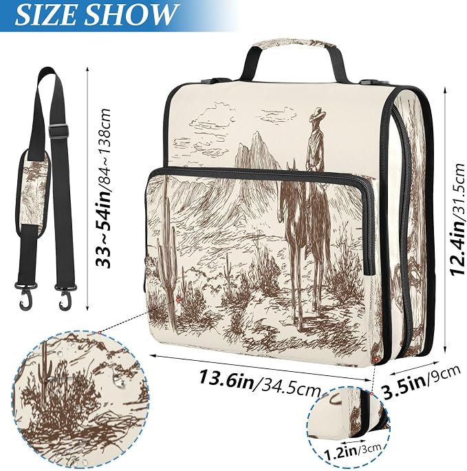 Western Desert Cowboy Zipper Binder for School with Shoulder Strap & Extra Pockets - 1.5 Inch 3-Ring Binder Holds 500+ Sheets, Textbooks, Laptop