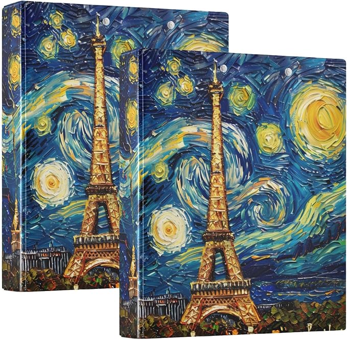 JIPONI 3 Ring Binder Paris Skyline by Van Gogh 1 Inch Round Binders for Men Women Students, Cute File Organizer for Office Home School