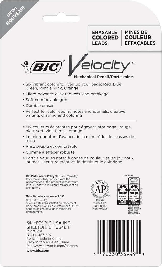 BIC Velocity Mechanical Pencils with Colored Leads, Medium Point (0.7 mm), Perfect for Drawing and Journaling (MV7CP61-AST), 6 Count (Pack of 2)