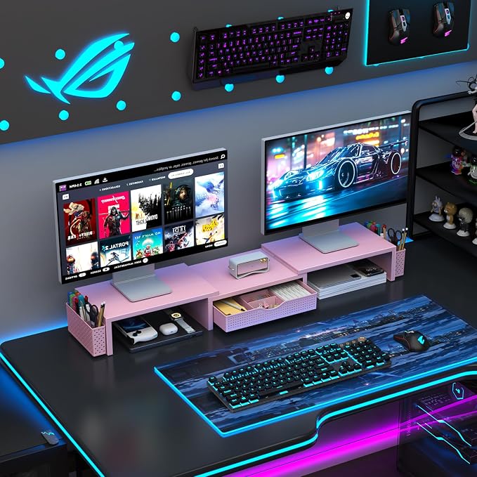 gianotter Dual Monitor Stand Riser With Drawer and 2 Pen Holders | Computer Monitor Stand Desk Organizer and Accessories Desk Shelf for Top of Desk (Pink)