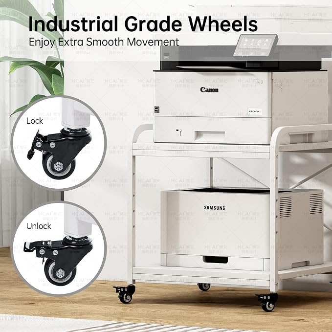Fannova Large Printer Stand for Under Desk Storage, Adjustable Top Shelf | Table Top 20"x20", Fits 3D/Laser Printer, Easy Roll Industrial Wheels, Heavy Duty 2 Tier Printer Cart for Home Office, White