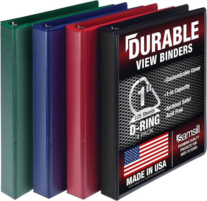 Samsill Durable 1 inch 3 Ring Binder, D Ring Binder, Customizable Clear View Cover, Basic Assortment, 4 Pack