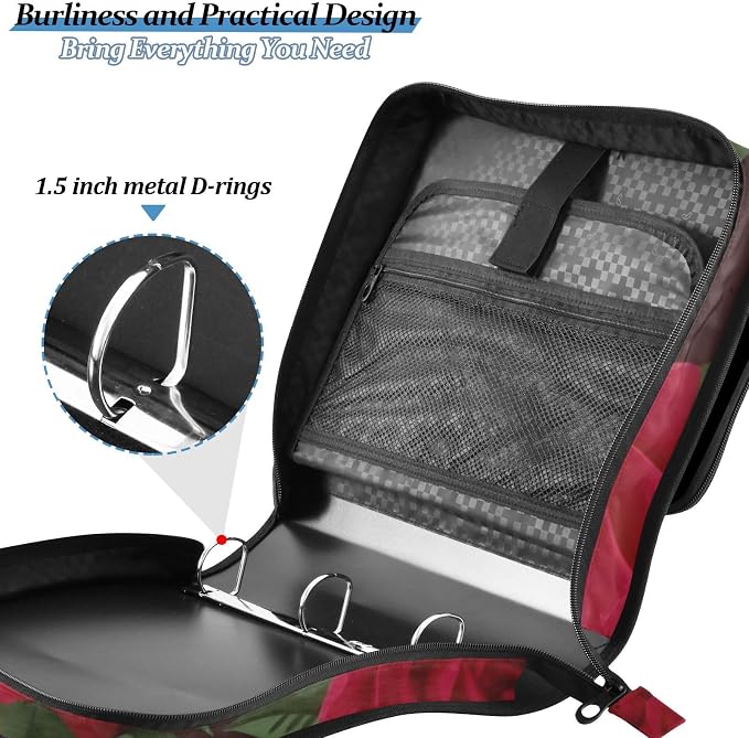 Red Rose Black Roses Zipper Binder Bag 3 Ring Binder with Shoulder Strap Zip Up 500 Sheets Capacity Multi Pockets for School Office Supplies