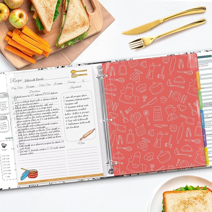Recipe Binder with Plastic Sleeves, 8.5x11 3 Ring Blank Recipe Book Binder | Premium recipe binder kit with waterproof cover, sleeves, cards, dividers and gift box for preserving recipes-Grey Veggies.