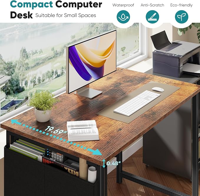 OLIXIS Small Computer Desk, 31 Inch Gaming Desks for Home Office | Writing Study Craft Work Table, Computer Workstation for Bedroom Small Spaces with Storage Bag, Brown