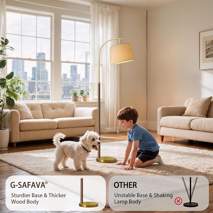 G-SAFAVA Real Wood Floor Lamps for Living Room Bedroom, 62.5" Mid Century Modern Lamp Gold Standing Tall Arc Lamps with Foot Switch, Floor Lamps for Nursery Office Decor Corner Reading Room Light