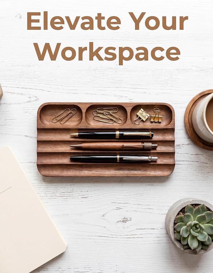 Horizontal Pen Holder,Acacia Wood Pen Tray,Desktop Pen Display,Walnut Desk Tray,Paperclip Headphones Eraser Office Stationery Storage,Brown