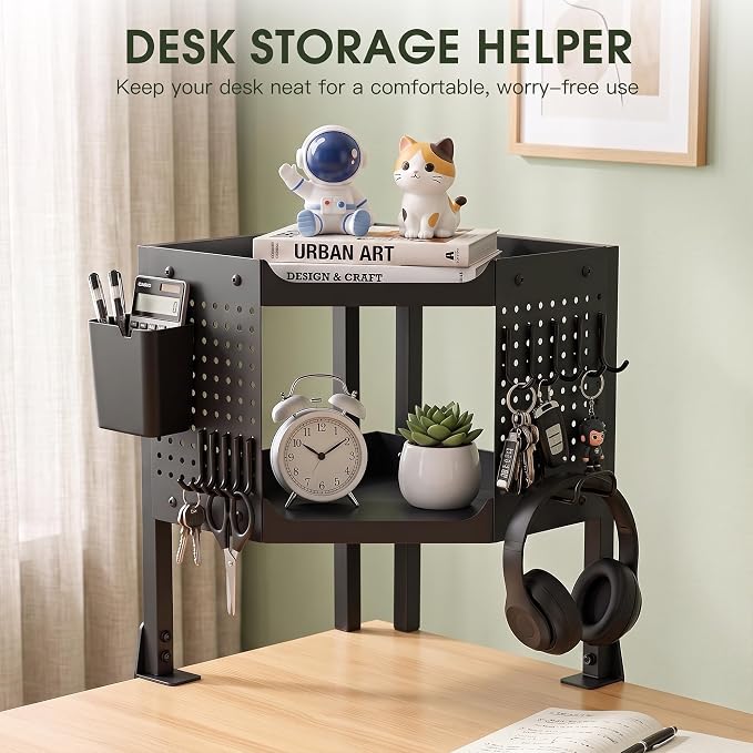 2-Tier Metal Clamp On Desk Shelf, Desk Organizer with 2 Pegboards and Hooks | Heavy Duty Corner Desk Shelf with Removable Pegboards Headphone Holder Pencil Cup and Hooks for Desk organizers Accessories