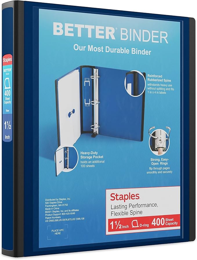 Staples Better Binder, 1.5 Inch D-Ring, Navy Blue, 400 Sheets, 3-Pk | Reinforced spine for long-lasting school and office organization.