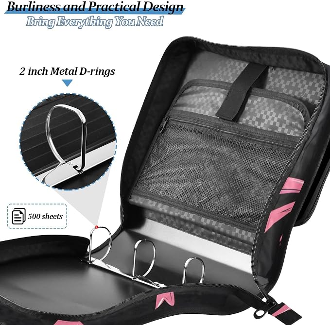 3 Ring Zipper Binder with Shoulder Strap Pink Bow Black I 2 Inch Zippered Binder Bag 500 Sheet Capacity Multi Pockets for School Supplies
