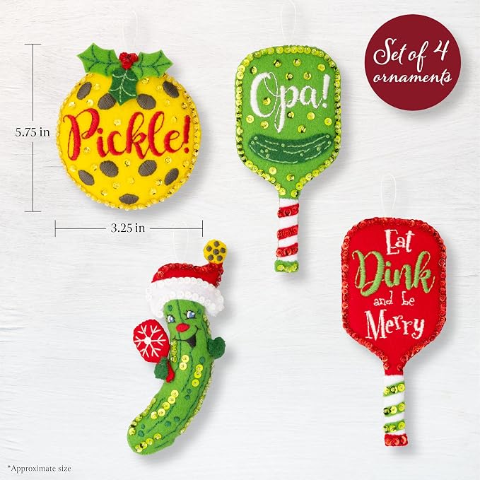 Bucilla, Felt Applique 4 Piece Ornament Making Kit, Merry Pickleball, Perfect for Holiday DIY Arts and Crafts Projects, 89711E