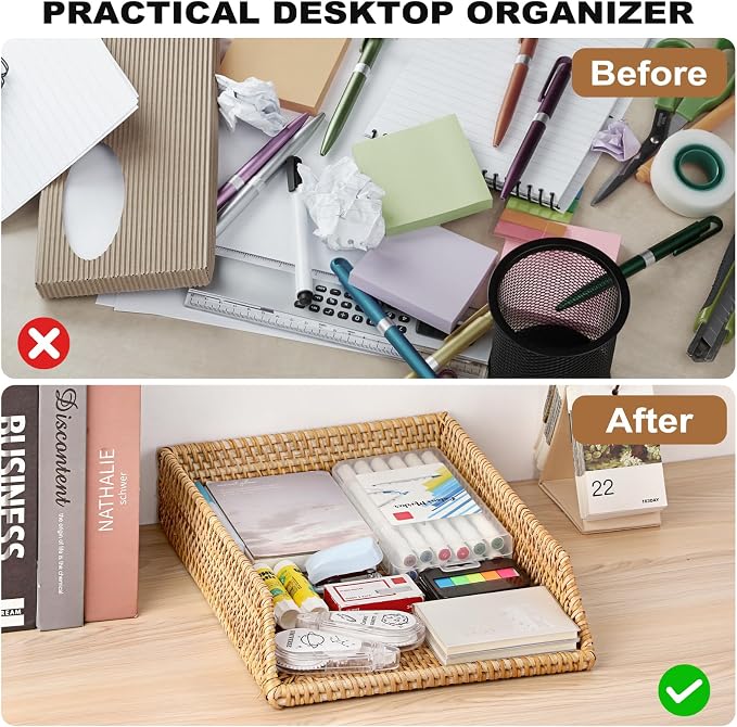 BTSKY Rattan Letter Tray for A4 File Desk Mail Letter Letter-Size Paper, Basket Woven Organizer, Office Document Organizer and Storage, Desk File Organizer Paper Tray, Paper Holder 13x10.3x2.8 Inch