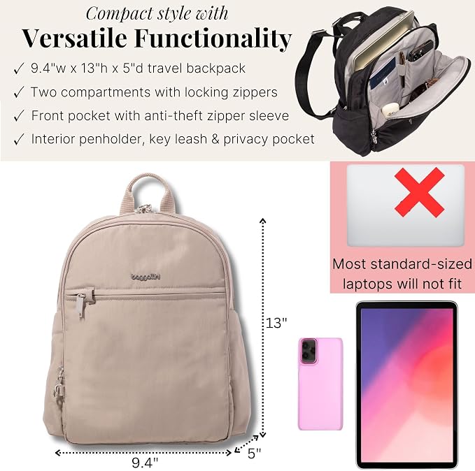 Securtex Anti-Theft Getaway Backpack - 9.4"x13"x5" Travel Safe Bag w/Locking Zippers, Slash-Resistant, RFID
