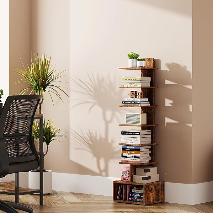 TUTOTAK Book Shelf, Narrow Spine Bookshelf, 8-Tier Bookcase for Small Space | 10.4 x 11.8 x 47.5 Inches Vertical Freestanding Corner Shelf for Living Room, Office, Study, Entryway, Brown BS07BB008