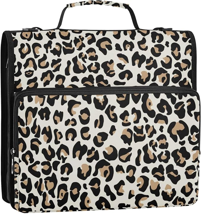 Fisyme Leopard Zipper Binder 3 Ring with Zipper and Shoulder Strap Large Capacity Multi-Pocket Binder Organizer