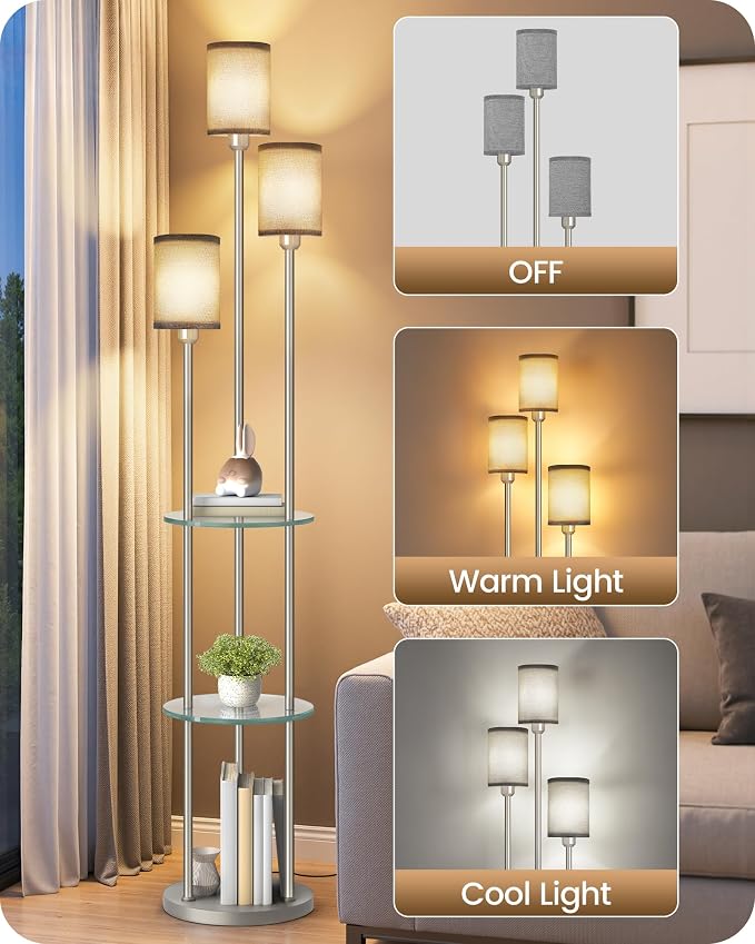 70.9" Floor Lamp with Shelves, for Living Room, 3-Tier Tall Lamp | Modern Shelf Floor Lamp with Foot Switch, 3-Light Standing Lamp, for Bedroom, Study, Office, Silver and Gray HSN53LD05