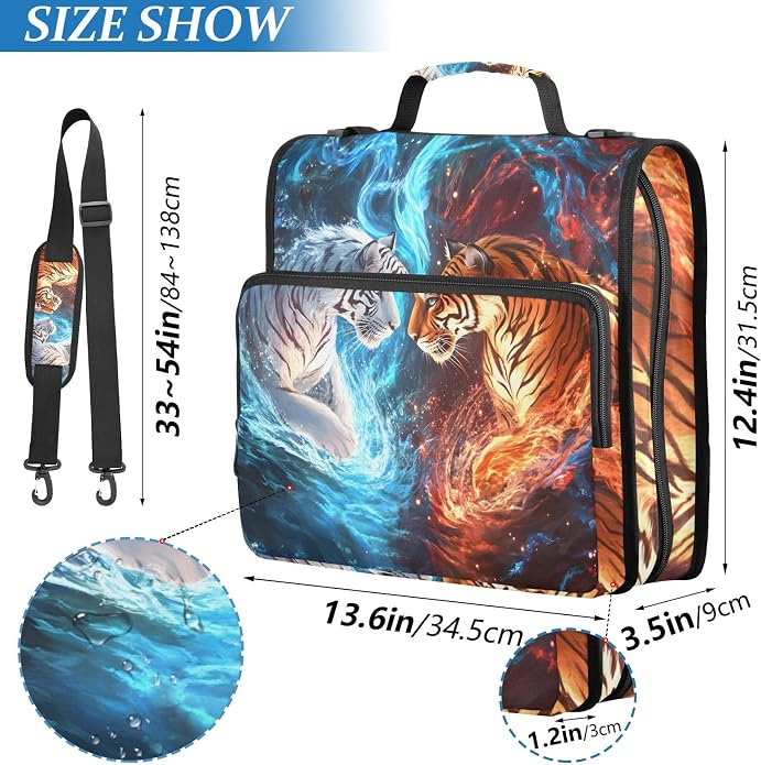 3 Ring Zipper Binder With Shoulder Strap Documents Storage Organizer Green Fire Dragon