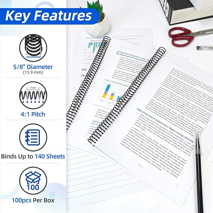 Rayson Plastic Spiral Binding Coil 5/8" (15.9mm), 140 Sheet Capacity, 4:1 Pitch Black Coil Bindings Spines - 100/Box for Business and Educational Purposes
