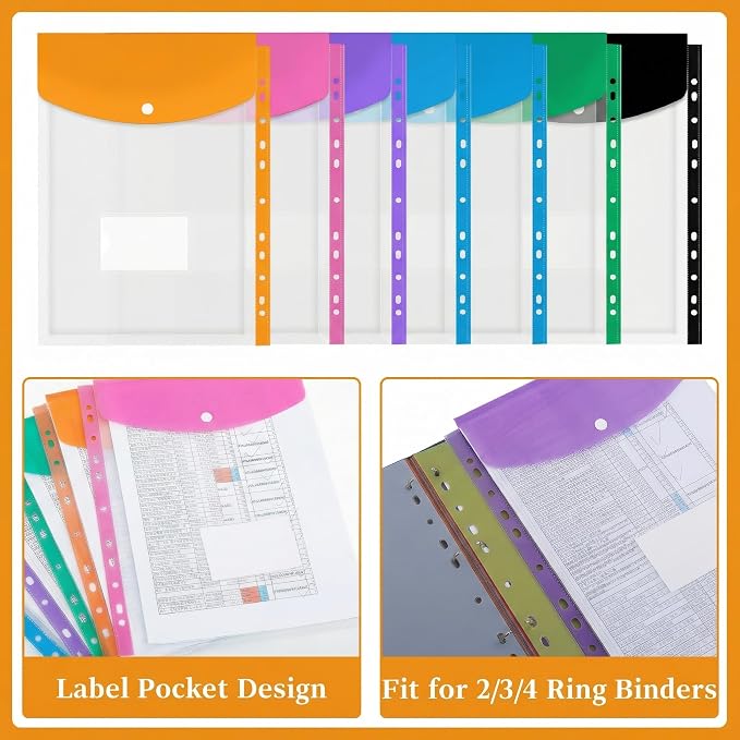 24 Pack A4 Binder Pockets Organizer Folders, 6 Colors | Binder Pockets For 2 3 4 Ring, Snap Button And Label, Expandable Plastic Envelopes for Office