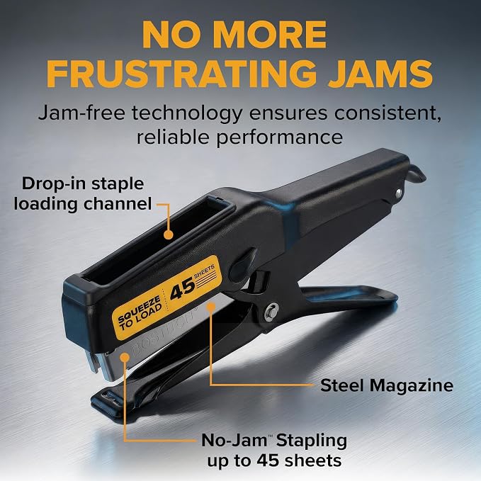 Bostitch B8 Heavy Duty Plier Stapler, 2-45 Sheet Capacity, No-Jam Technology, All-Metal Construction, Full Strip 210 Staple Capacity, Uses 1/4” & 3/8” B8 PowerCrown Staples, Black