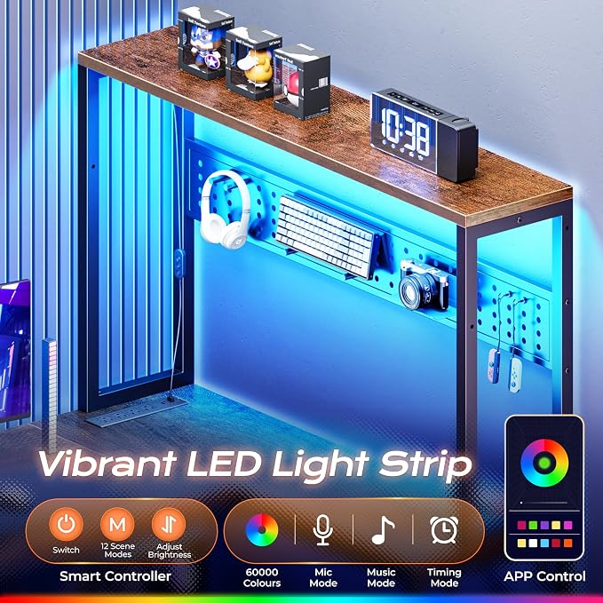 L Shaped Gaming Desk with LED Lights & Power Outlets | Reversible Computer Desk with Storage Shelves & Bag, Large Corner Home Office Desk for Work from Home, Rustic Brown