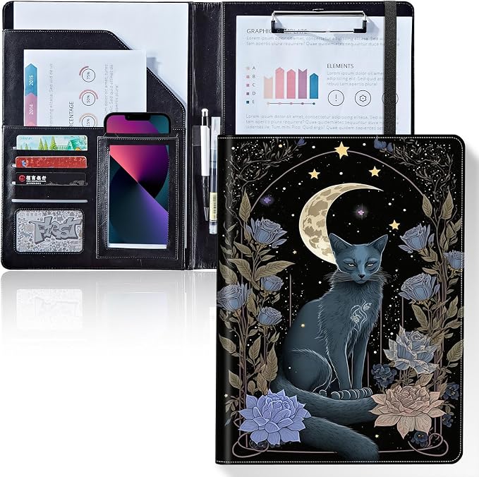 Padfolio/Portfolio Folder Clipboard,Padfolio Clipboard,Writing Portfolio Leather with Cover for Card Holder Slot Letter Size A4 for Office Conference Notepad Clip Boards,Witchy Cat Moon