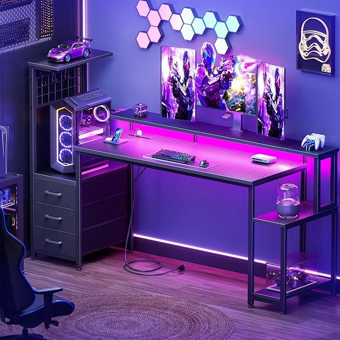 Korfile 63 Inch Gaming Desk with Bluetooth LED Lights & Power Outlets,Computer Desk with Fabric Drawers & Hooks,Reversible Gamer Table with Monitor Stand for Game Room,Home Office,Carbon Fiber Black | Reversible，Computer Desk, Gamer Table, Bluetooth LE...