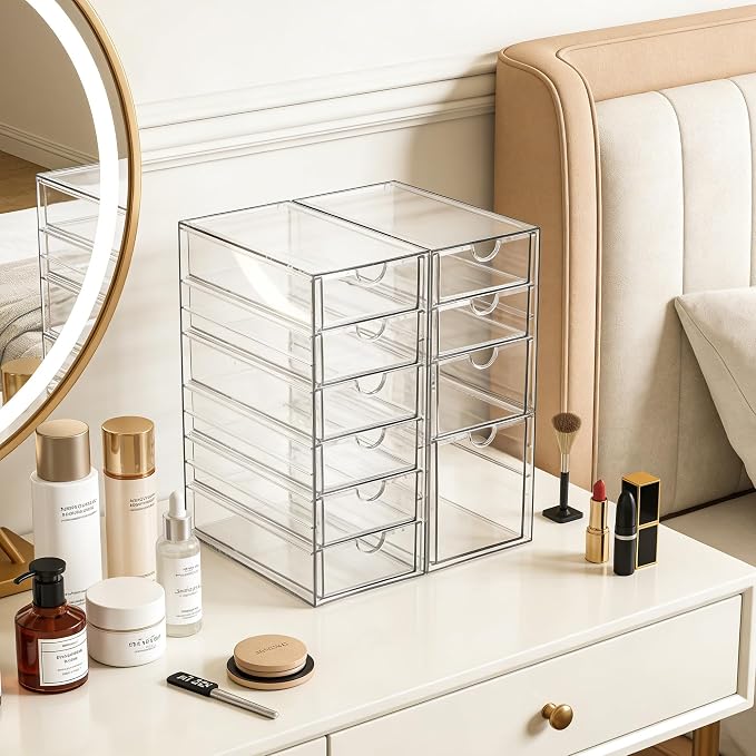 Prsildan Hair Accessories Organizer Acrylic Drawer with 10 Drawers | Clear, Craft Art Supply Storage, For Office Desk Bathroom Vanity Countertop, Set of 2