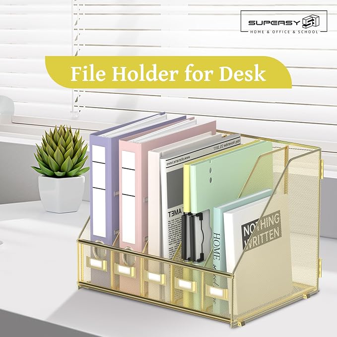 Desk Organizers Metal Desk Magazine File Holder with 5 Vertical Compartments Rack File Organizer for Office Desktop, Home Workspace, Gold Plus
