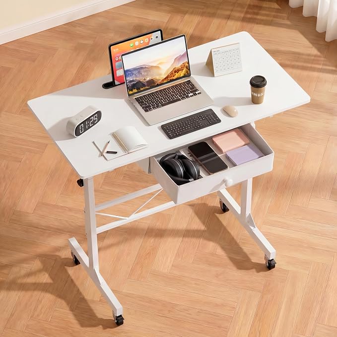 COMHOMA Portable Standing Desk Adjustable Height 30.7"-46.4", Standing Desk with Drawers, Mobile Rolling Computer Desk for Home Office Work and Walking Pad Treadmill, Carbon Fiber White