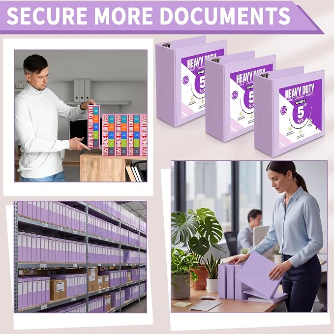 Sinload 6 Pcs 3 Ring Binder, 5 Inch Large Capacity 3 Slant D Ring Binders with Pockets, 8.5" x 11" Presentation Folder View Binder with Customizable Clear Cover for Documents Files Projects (Purple)