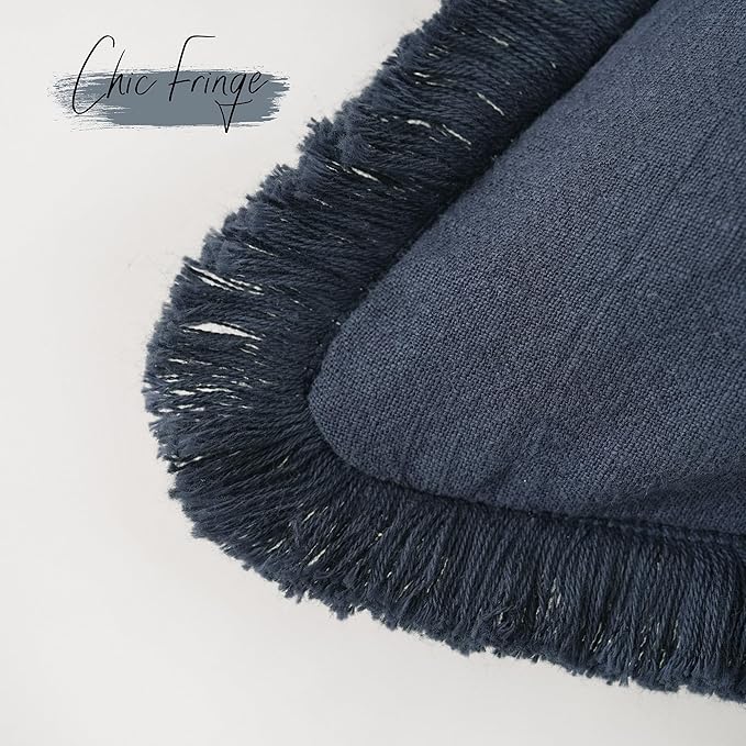 Foindtower Set of 2 Decorative Linen Fringe Throw Pillow Covers Cozy Farmhouse Boho Cushion Cover with Tassels Soft Accent Pillowcase for Couch Sofa Bed Living Room Home Decor 20×20 Inch Navy Blue