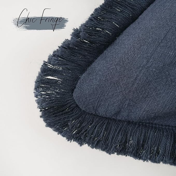 Foindtower Set of 2 Decorative Linen Fringe Throw Pillow Covers Cozy Boho Farmhouse Cushion Cover with Tassels Soft Accent Pillowcase for Couch Sofa Bed Living Room Home Decor, 22×22 Inch, Navy Blue