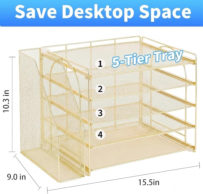 Desk Organizer, 5-Tier Paper Organizer Letter Tray, Gold | Desk Organizers and Accessories, Office Desk Accessories & Workspace Organizers, Desktop File Organizer for Office Supplies