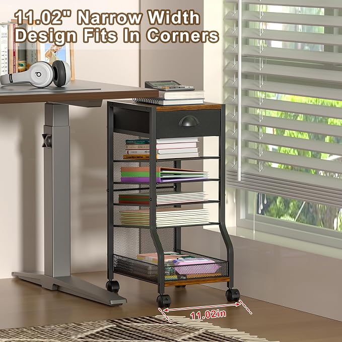 keomaisyto 6-Tier Rolling File Cart with Drawer, Under Desk Storage with Paper Letter Sliding Trays, Standing File Organizer with Wheels, Slim Workspace Organizers for Office/Home/School/Study