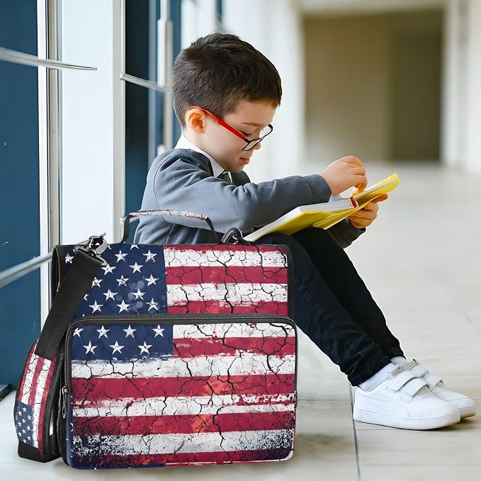 Retro American Flag 3 Ring Binder Bag 1.5 inch Binder Organizer with Zipper Shoulder Strap 500 Sheet Documents Storage for School Office