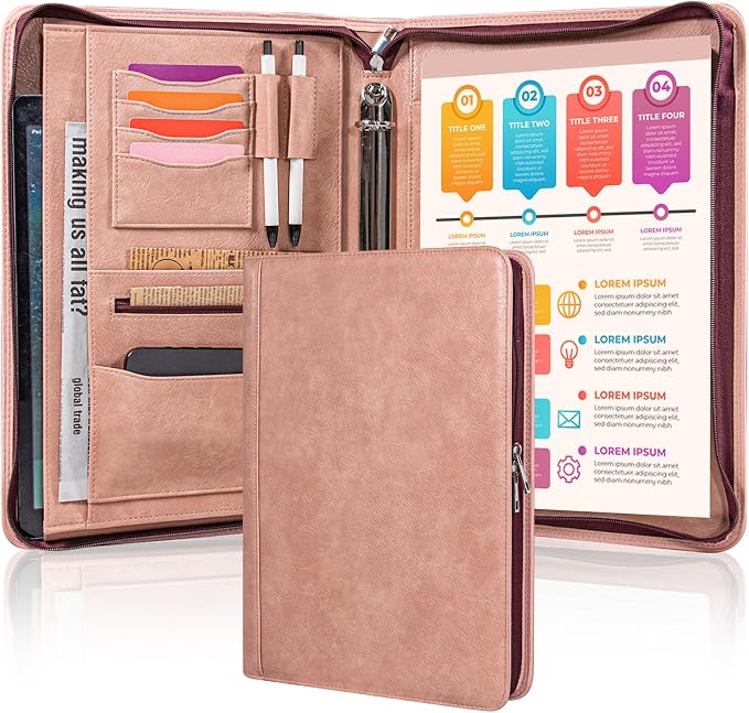 Calfinder Leather 3 Ring Portfolio Binder with Zipper, Professional Business Padfolio Organizer for Women, A4 Letter Document Folder Case for Interview, Resume & 13 inch Laptop