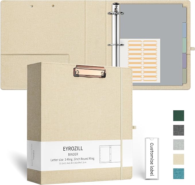 EYROZILL 3 Ring Binder 2 Inch, Binder for Letter Size (11" x 8.5") with 5 Tab Dividers, File Folder Labels and Low Profile Clipboards, Apricot