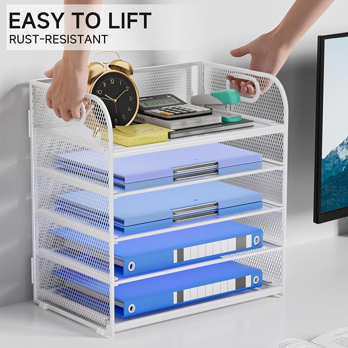 5-Tier Stackable Paper Organizer with Handle, White | Metal Mesh Desk Organizer Letter Tray, Office Storage & Organization for Home, School & Workplace