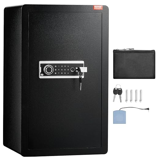 VEVOR Single Door 4.0 cu.ft Safe Box with Key Lock, Password & Fingerprint, Safe Lock Box with Fireproof Bag, Key Rack, LED Light, and 2 Shelves for Money, Documents, Jewelry, and Valuables, Black
