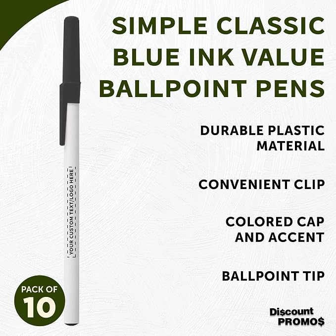 DISCOUNT PROMOS Custom Value Stick Pens Set of 10, Personalized Bulk Pack - Blue Ink, Great for Office, School, Business, Tradeshows, Events - Black Cap