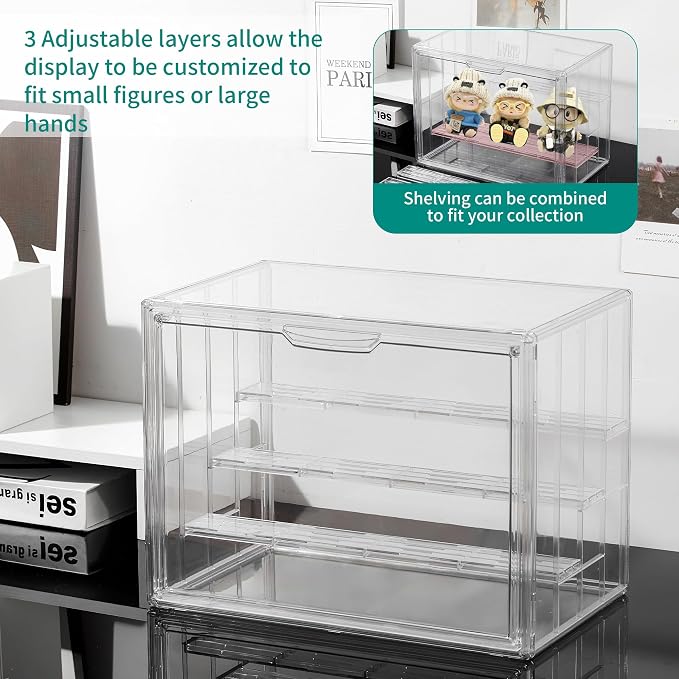 Attelite Acrylic Display Case for Collectibles 4 Tiers Clear Acrylic Box | 3 Adjustable Dividers, Clear Showcase for Figures, Tool-free Assembly, Magnetic Door, Dustproof