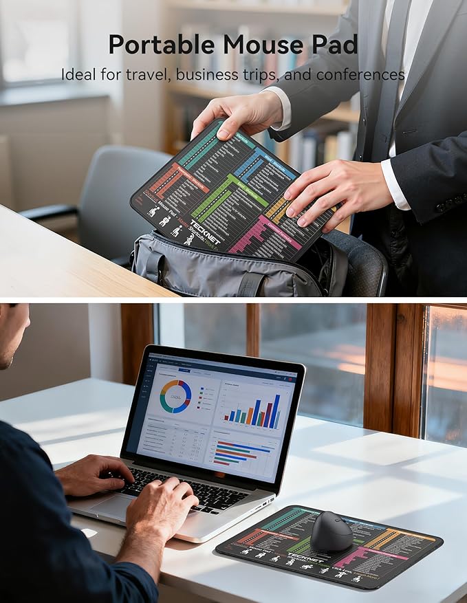 TECKNET Shortcut Mouse Pad for Excel Word PowerPoint Windows, Non-Slip Waterproof Office Desk Mat-11.6x9.8 Inch, 68 Keyboard Shortcuts, Portable Computer Mousepad, Durable, Clear Printing, Black