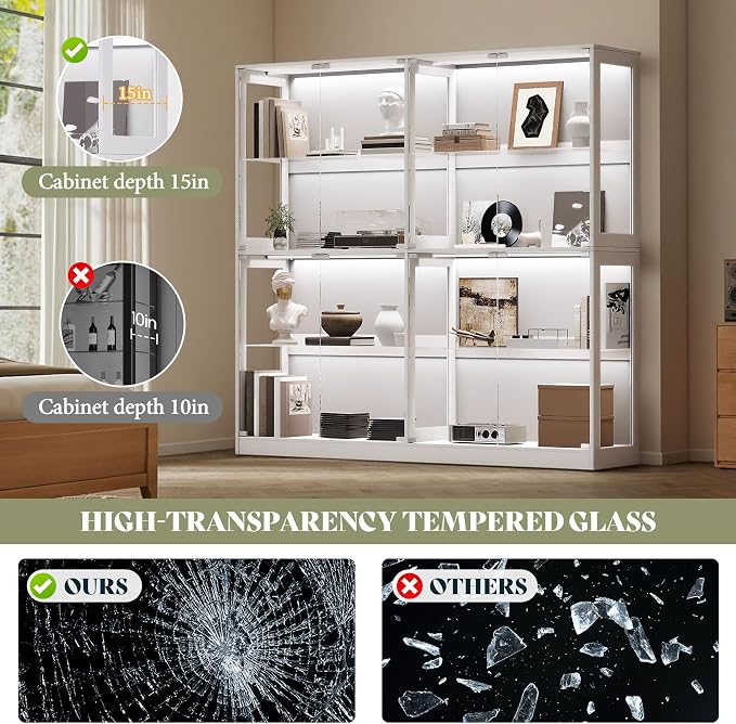 AMERLIFE 75-Inch RGB Display Cabinet with Glass Shelves | 70 H x 75 W x 16 D In, 4-Tier Storage, RGB LED Lights, Press-to-Open Doors, for Collectibles, White