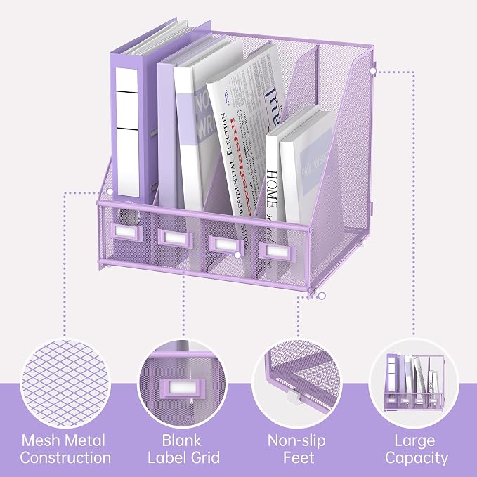 4-Compartment Magazine File Holder and File Organizer for Desk, Purple | Metal Magazine Holder and Magazine File Holder, 4-Compartment File Organizer for Binders Folders Magazines and Paper