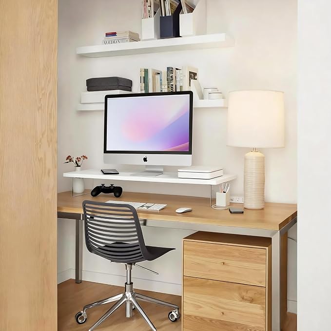 Wood Monitor Stand Riser with Acrylic Legs, Computer Screen Stand Desk Organizer, 31.5 x 7.9 x 3.1 inch, Hold up to 66 lbs (White, 31.5"×7.9"×3.1")