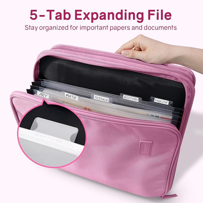 SUNEE Zippered Binder Bag with Handle, 2-Inch 3-Ring O-Ring, 500-Sheet Capacity, Includes Zip Pocket, 5-Tab Expanding File Folder, Multi-Pocket Organizer Binder for Middle School, Grape Purple
