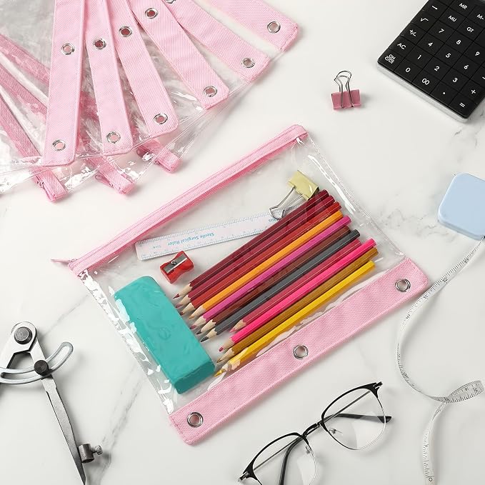 24 Pack Pencil Pouches for 3 Ring Binder Bulk Enlarge Clear Window Pencil Pouches Zipper Pen Case 3 Reinforced Grommet Pen Bag for Binder Utensil Organize Office Supplies(Pink)